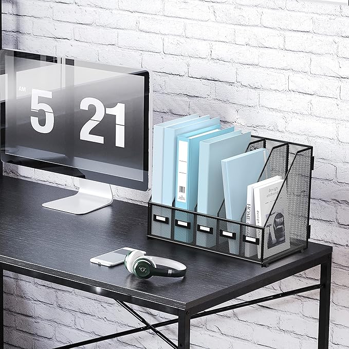 SUPEASY Desk Organizers Metal Desk Magazine File Holder with 5 Vertical Compartments Rack File Organizer for Office Desktop, Home Workspace, Black