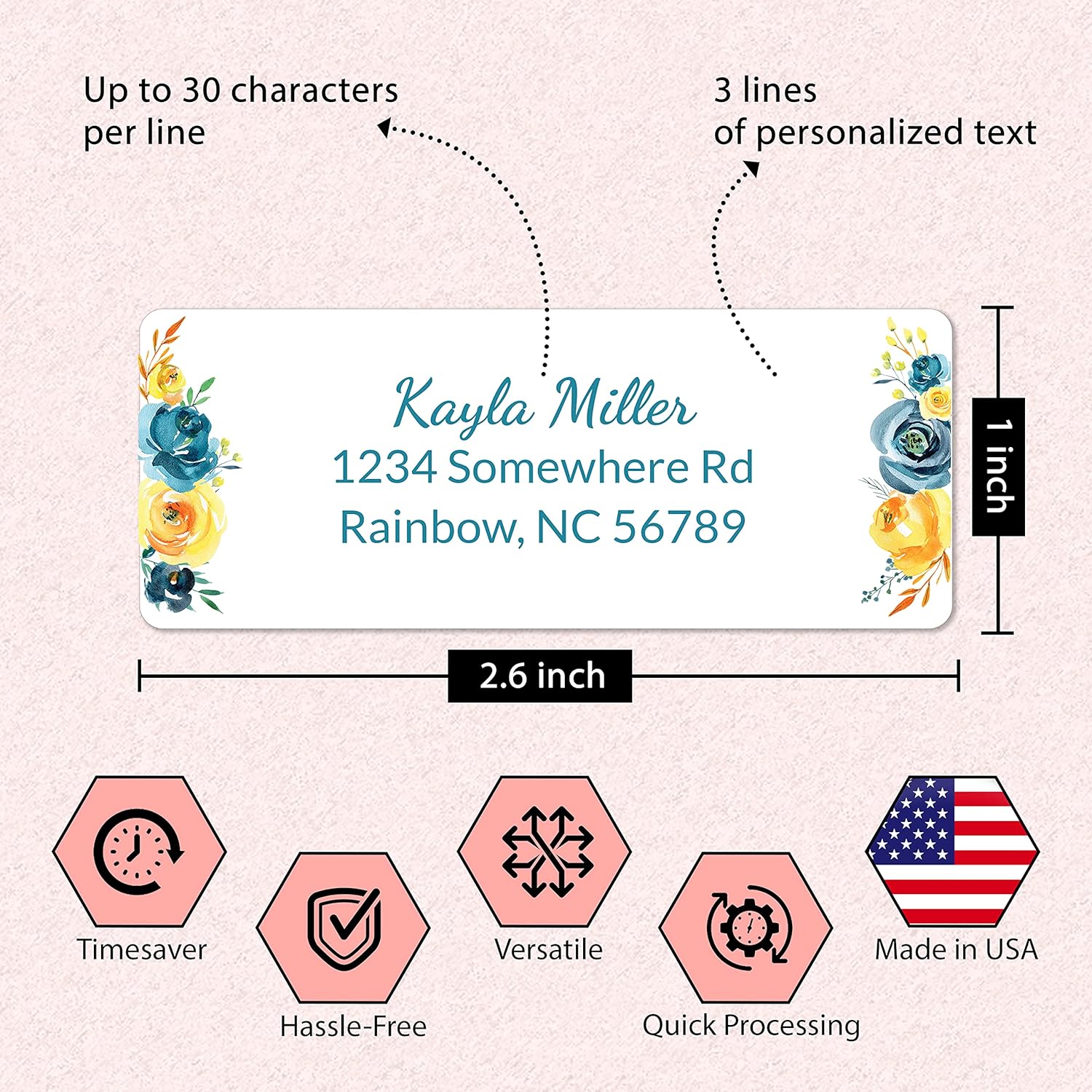 Personalized Return Address Labels Floral - Set of 120 Custom Mailing Labels for Envelopes, Self Adhesive Flat Sheet Rectangle Personalized Name Stickers (Blue)