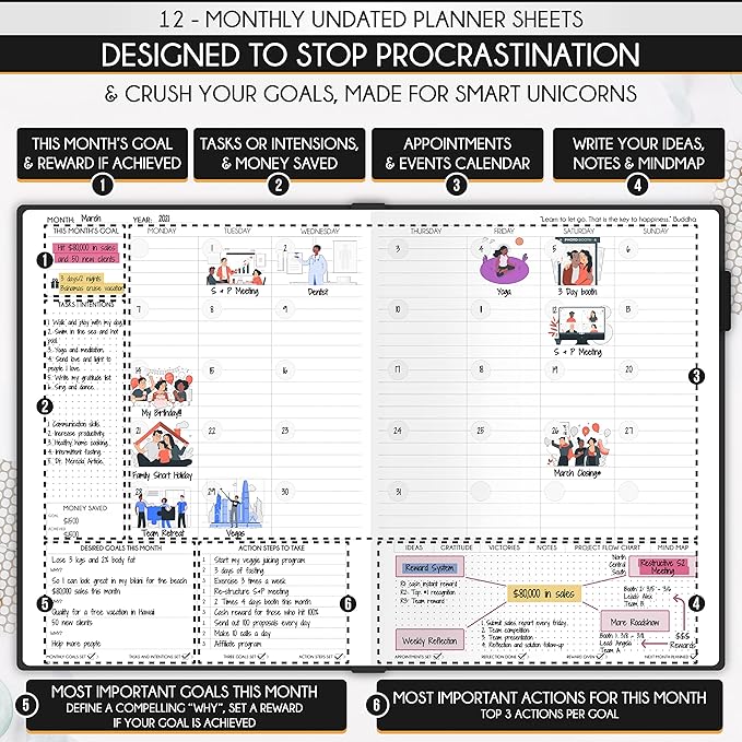 Life Planner - Undated Daily, Weekly & Monthly Planner with Budget Section | A 12 Month Journey to Increase Productivity & Happiness | Life Organizer & Gratitude Journal - Horizontal Format