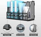 SUPEASY Desk Organizers Metal Desk Magazine File Holder with 16''x12''x12'' 5 Vertical Compartments Rack File Organizer for Office Desktop, Home Workspace, Black Plus