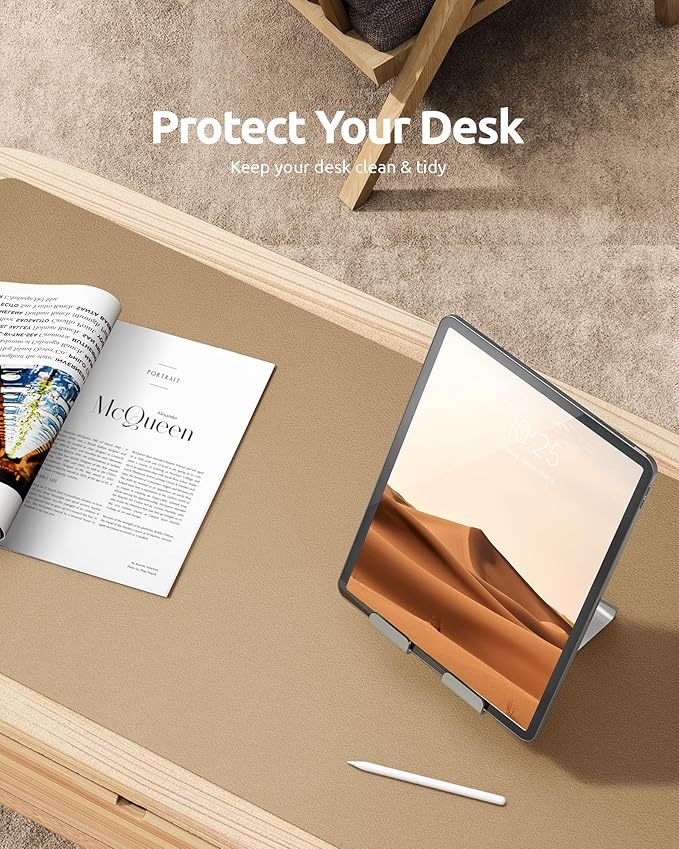 YSAGi Leather Desk Protector, Office Mat, Large Mouse Mat, Non-Slip PU Leather Blotter, Laptop Desk, Waterproof Writing Pad for Office and Home (Latte, 35.4" x 17")