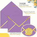 60 Pack Gold Envelopes 5x7 Bulk Purple, 250G Pearled Cardstock A7 Envelopes for Invitations Business Mailing Envelope with Gold Foil Border, A6 4x6 Envelopes for Wedding Baby Shower Cards