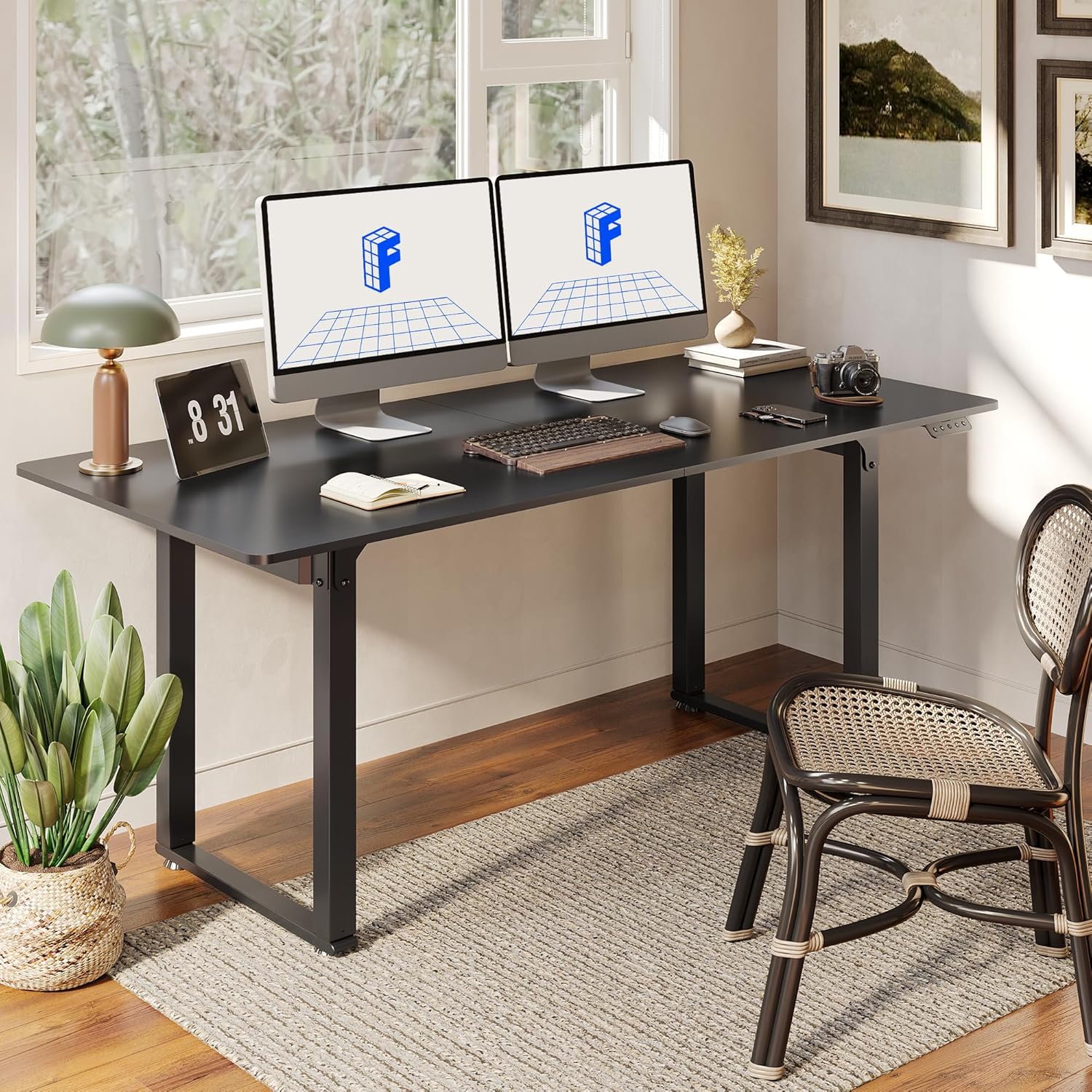 FLEXISPOT 4 Leg Standing Desk 71 x 32 Inch Electric Adjustable Height Sit Stand Desk with Splice Board Home Office Desk, Black Top + Black Frame