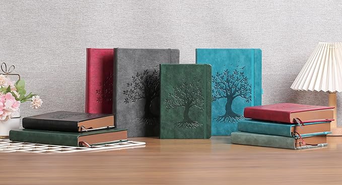 ZXHQ B5 360 Pages Lined Journaling Notebooks with Pen, Journals for Women Men Writing Notebook, Tree of Life Design, Brown Edge, Fine Inner Pocket - Blue