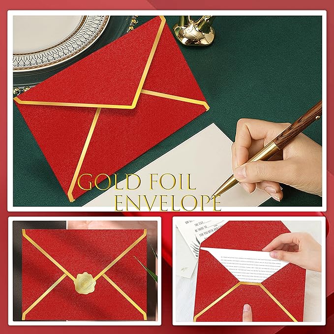 60 Pack Gold Envelopes 5x7 Bluk Red, 250G Pearled Cardstock A7 Envelopes for Invitations Business Mailing Envelope with Gold Foil Border, A6 4x6 Envelopes for Wedding Baby Shower Cards