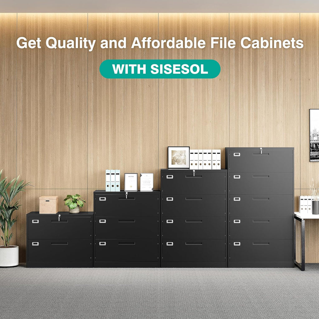 SISESOL 4 Drawer Lateral File Cabinet with Lock,Black Lateral Filing Cabinet,Horizontal Metal Filing Cabinet,Locked Wide Four Drawer File Cabinet for Office Home,Fit A4/F4/Letter/Legal File
