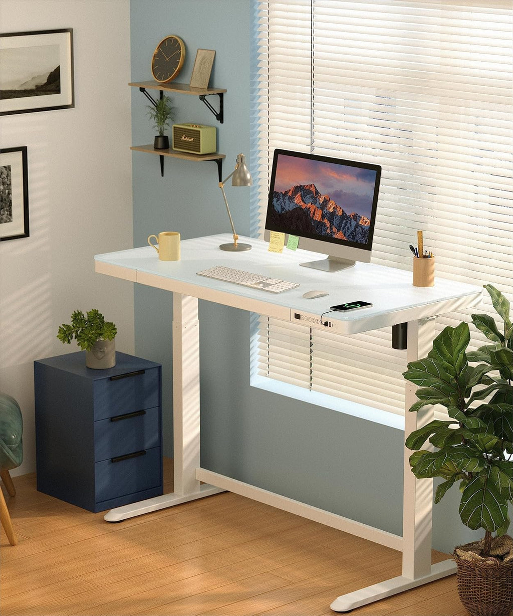 SANODESK Standing Desk with Drawer, Electric Height Adjustable Home Office Desk with Storage & USB Ports, 48 inch Tempered Glass Tabletop/White Frame