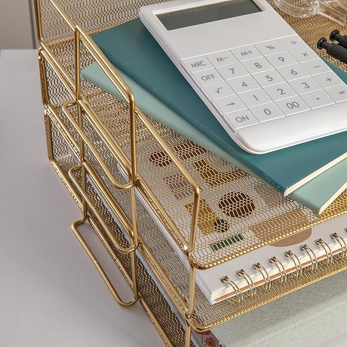 Martha Stewart Ryder 3 Tier Desk Letter Tray Organizer, Stackable Steel Mesh Inbox Tray for Files, Papers, or Letters, Gold